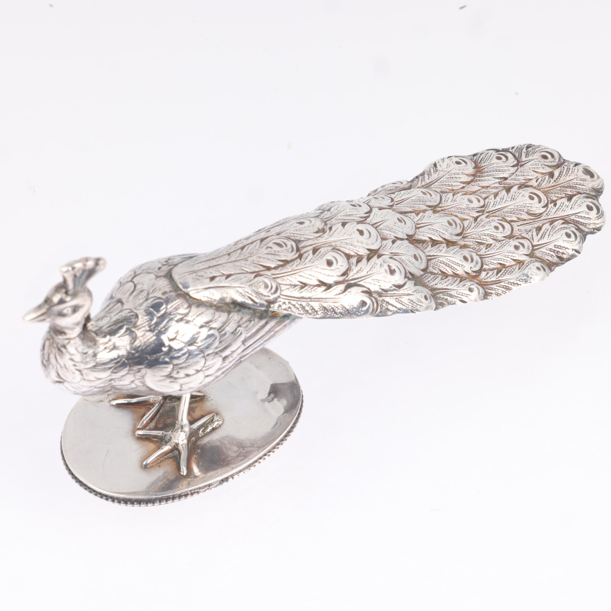 A 19th century German silver model peacock bird table scent bottle, Simon Rosenau, Bad Kissingen, - Image 2 of 3