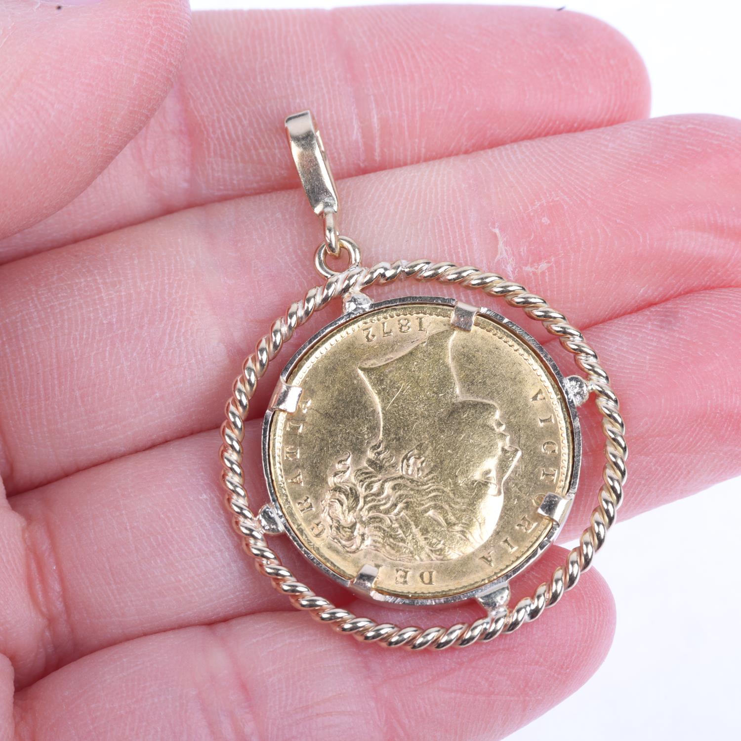 A Queen Victoria 1872 gold full sovereign coin, in unmarked 9ct gold pendant mount, diameter 29.6mm, - Image 4 of 4