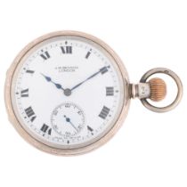 J W BENSON - an early 20th century silver open-face keyless side-wind pocket watch, white enamel