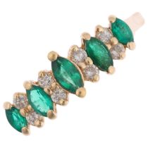 A 14ct gold emerald and diamond half hoop ring, set with marquise-cut emeralds and round-cut