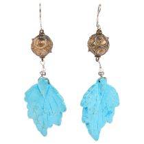 A pair of simulated turquoise leaf drop earrings, unmarked silver-gilt settings, 85.6mm, 16g No