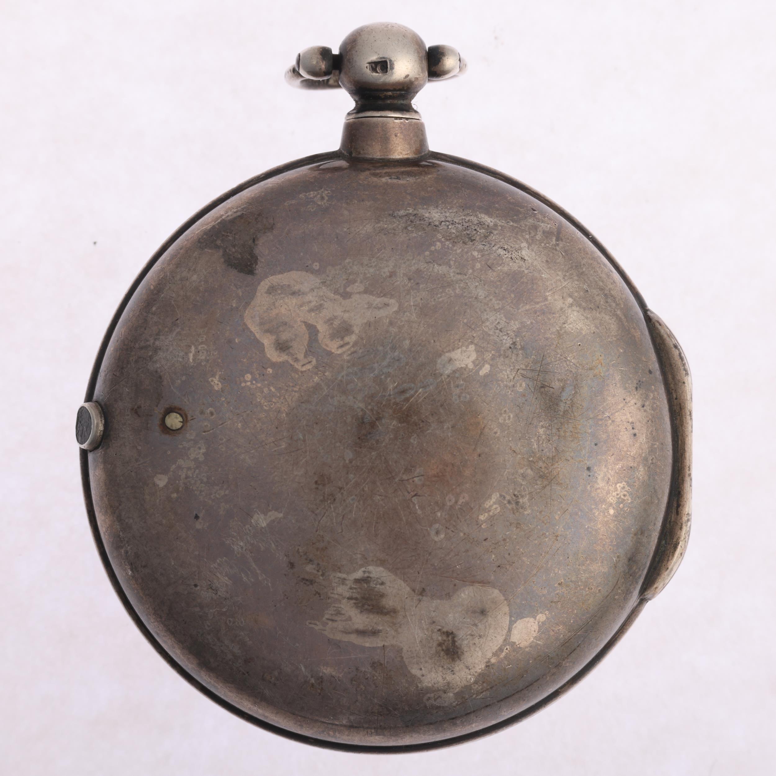 A mid-19th century silver pair-cased open-face key-wind verge pocket watch, white enamel dial with - Image 2 of 5