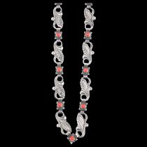 A long Art Nouveau style Danish silver coral leaf panel necklace, 73cm, 36.8g No damage or repair,