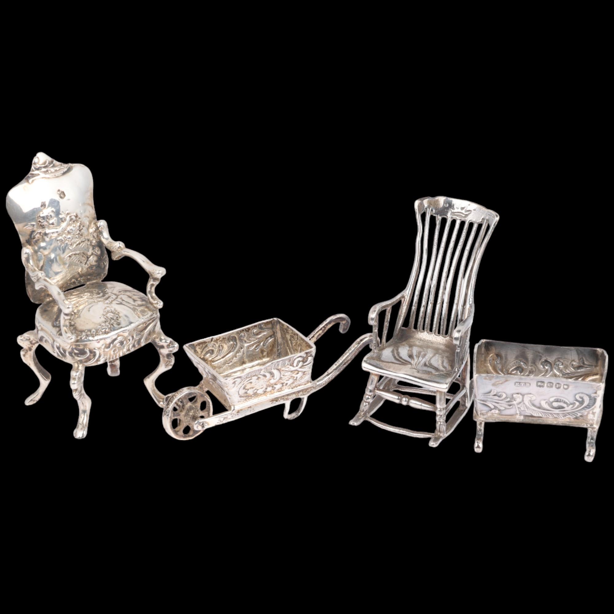 4 German novelty silver doll's house items, including rocking chair, Sheffield 1905, wheel barrow,