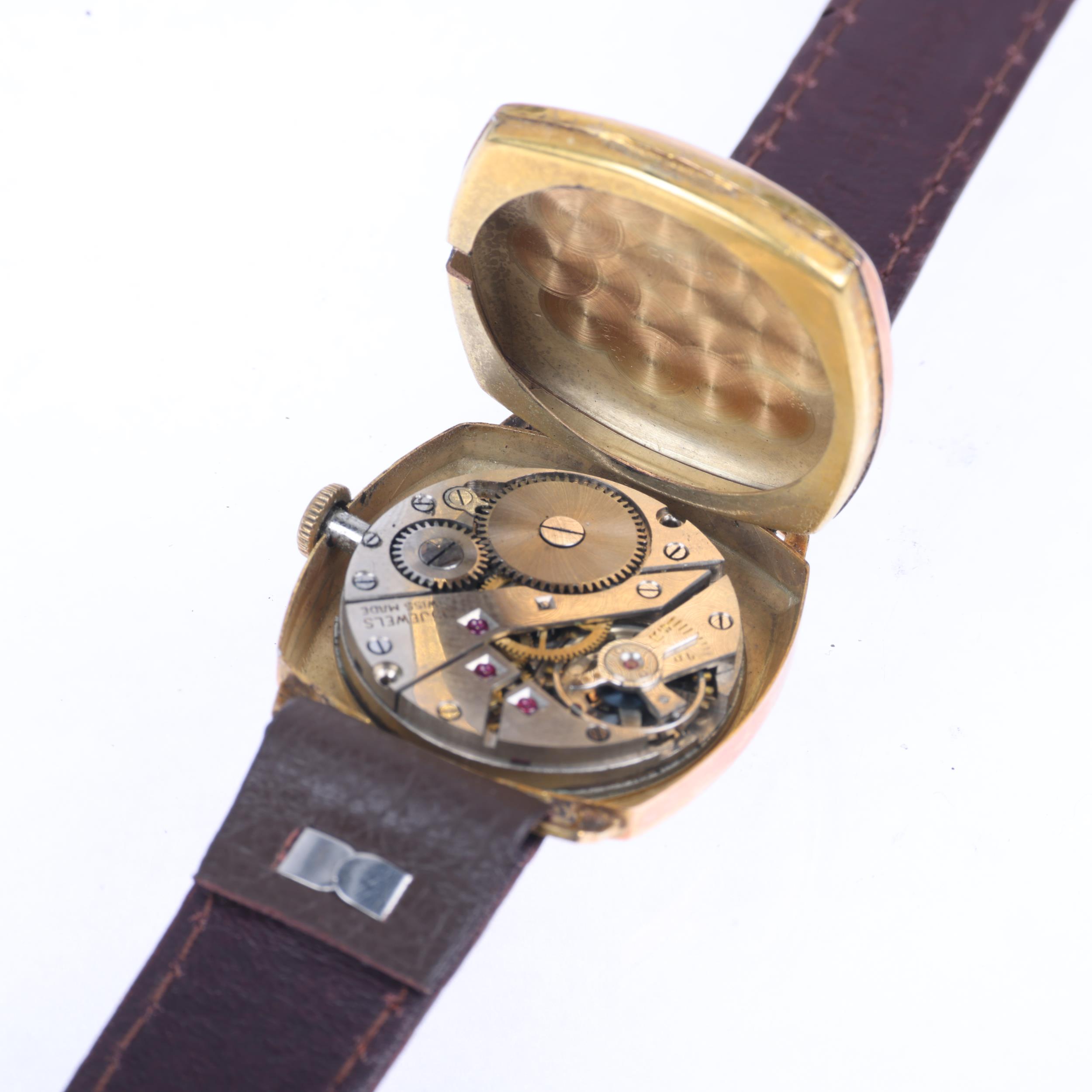 A mid-20th century 9ct rose gold cushion-cased mechanical wristwatch, silvered dial with applied - Image 4 of 5