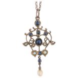 An Art Nouveau style sapphire and pearl openwork pendant necklace, apparently unmarked, on silver