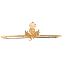 An early 20th century 9ct gold citrine Scottish thistle bar brooch, 49.7mm, 1.9g Brooch slightly