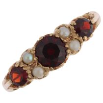 A mid-20th century 9ct gold seven stone garnet and pearl half hoop ring, London 1963, setting height