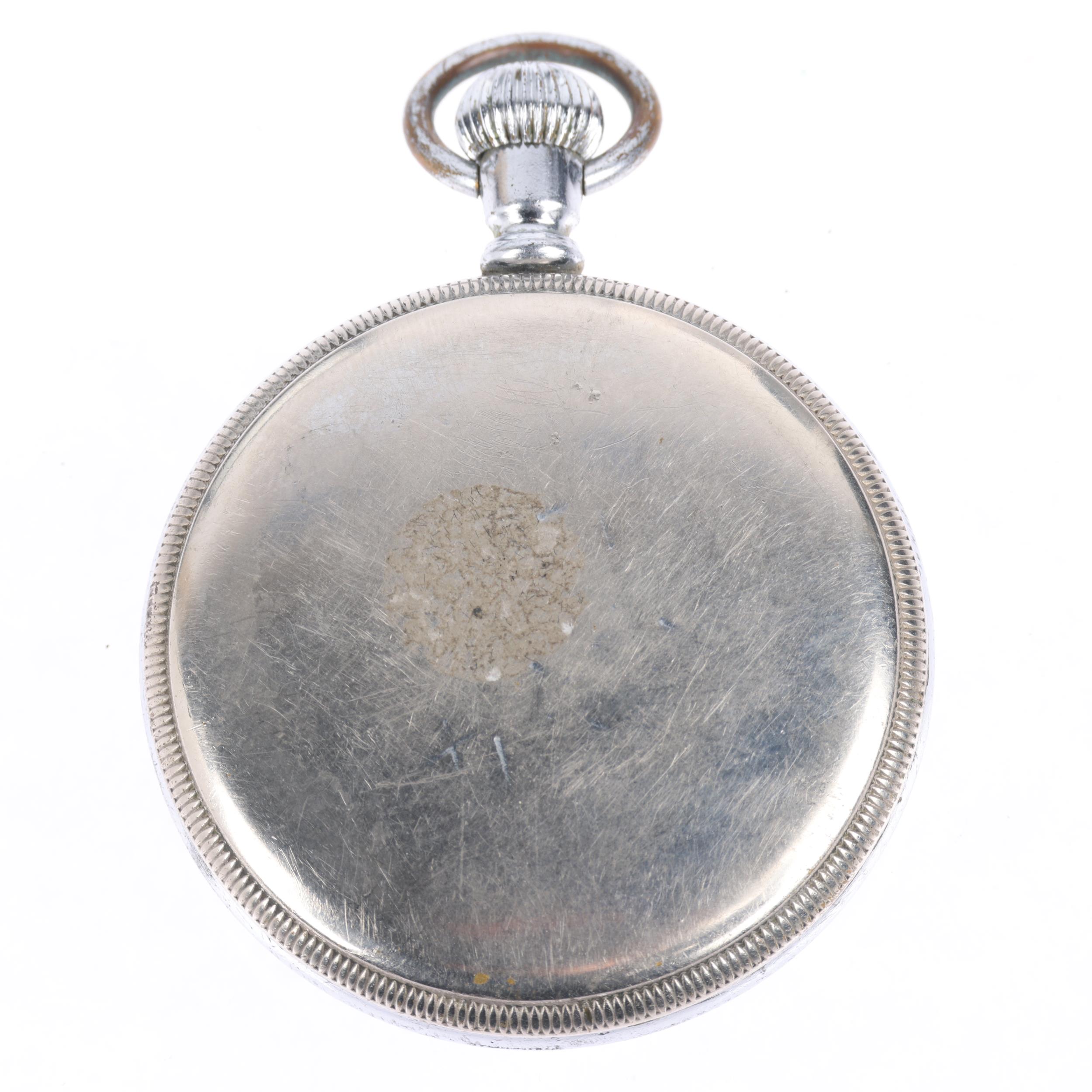 ELGIN - a Second World War Period nickel plated open-face keyless pocket watch, black dial with - Image 2 of 5