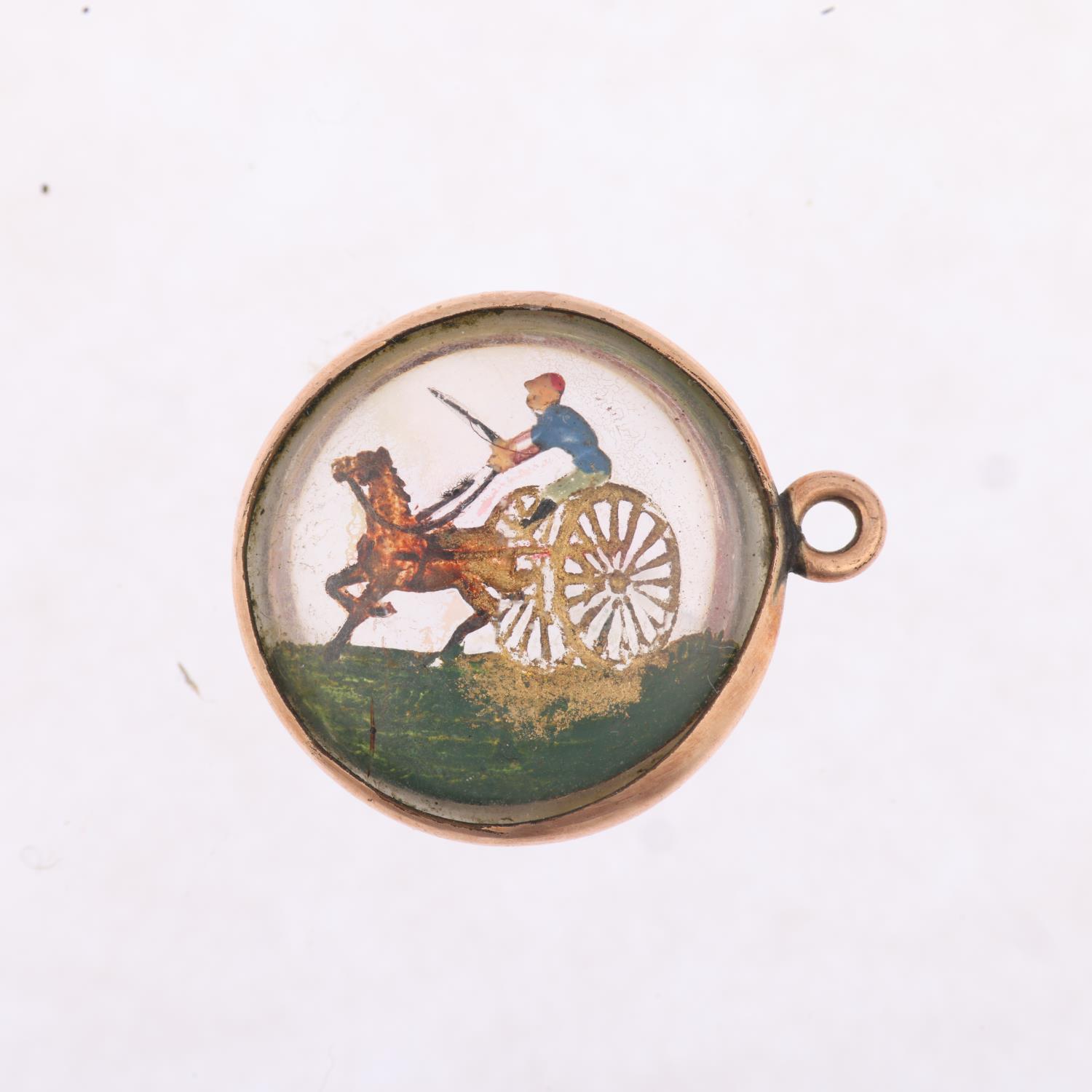 An early 20th century Essex Crystal style horse cart racing pendant, in gilt-metal frame, 16.8mm, - Image 2 of 4