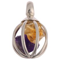 A sterling silver gem set cage pendant, containing rough amethyst and citrine, 36.3mm, 12.8g No