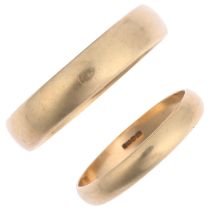 2 x 9ct gold wedding band rings, sizes O and W, 5.4g total (2) Largest slightly off-round, stamped