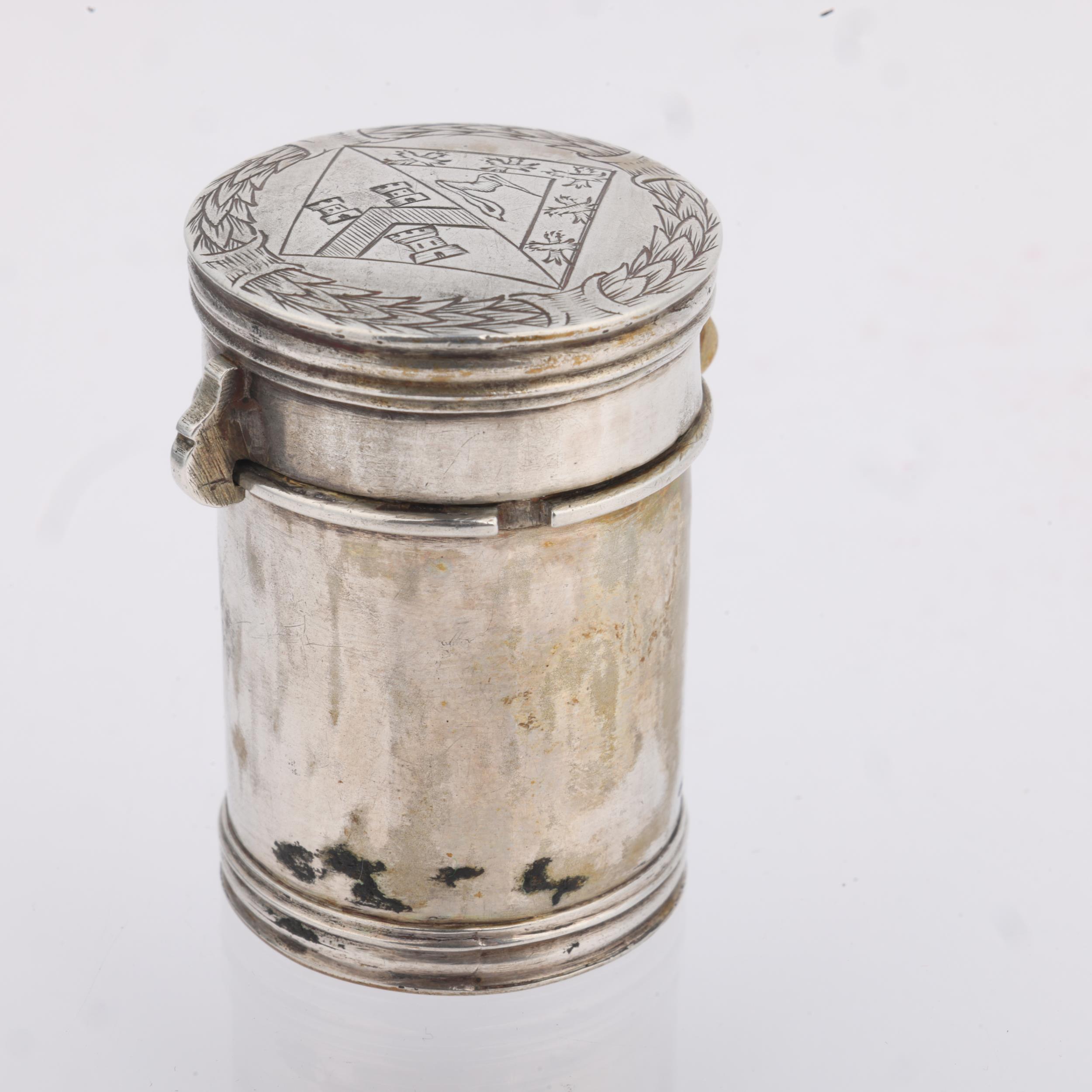 A 17th century silver counter box, cylindrical form with engraved armorial crest within wreath, - Image 2 of 3