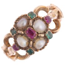 A Victorian split pearl ruby and chrysolite sweetheart ring, with openwork foliate shoulders,