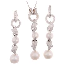 An 18ct white gold whole pearl and diamond matching pendant necklace and earring set, each piece