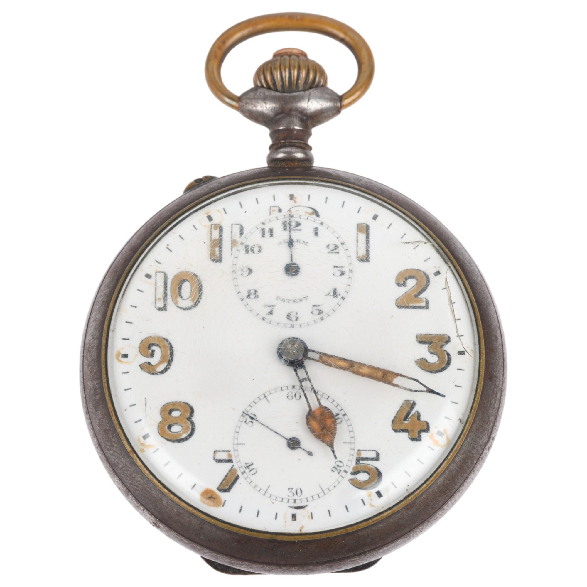 A First World War Period gun-metal open-face keyless alarm pocket watch, white enamel dial with