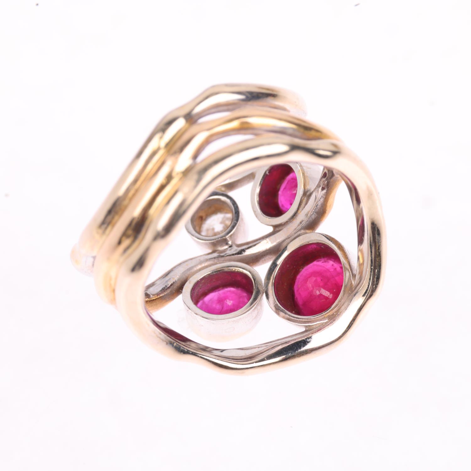 A large 18ct two-colour gold ruby and diamond openwork ring, maker H&T Ltd, setting height 20.5mm, - Image 3 of 4