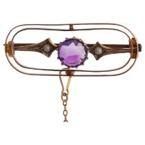 An Edwardian 9ct rose gold amethyst and pearl openwork brooch, 34.9mm, 2.9g No damage or repair, all