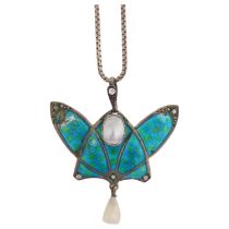 An Art Nouveau pearl and peacock enamel abstract pendant necklace, on silver box link chain, pendant