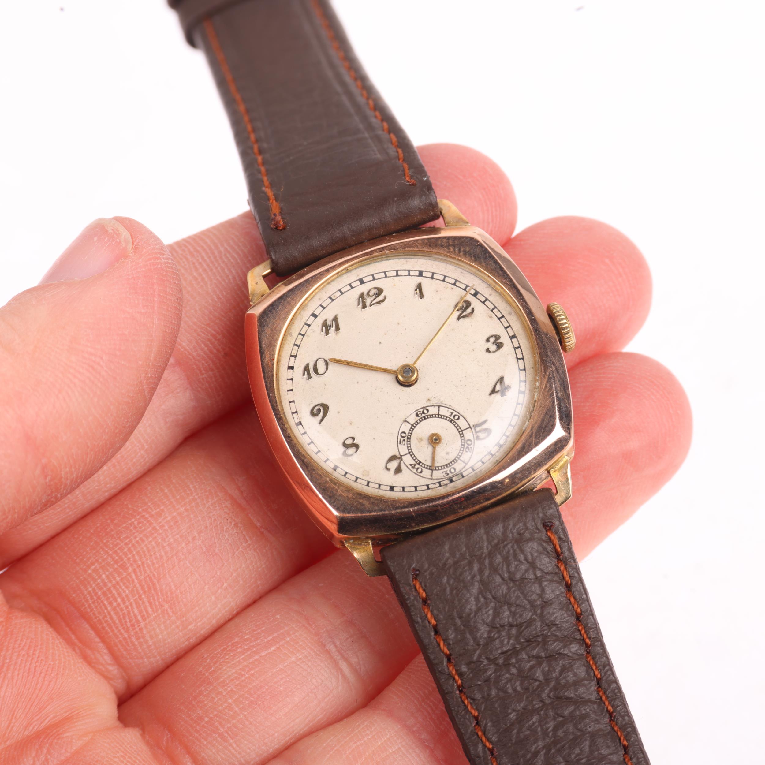 A mid-20th century 9ct rose gold cushion-cased mechanical wristwatch, silvered dial with applied - Image 5 of 5