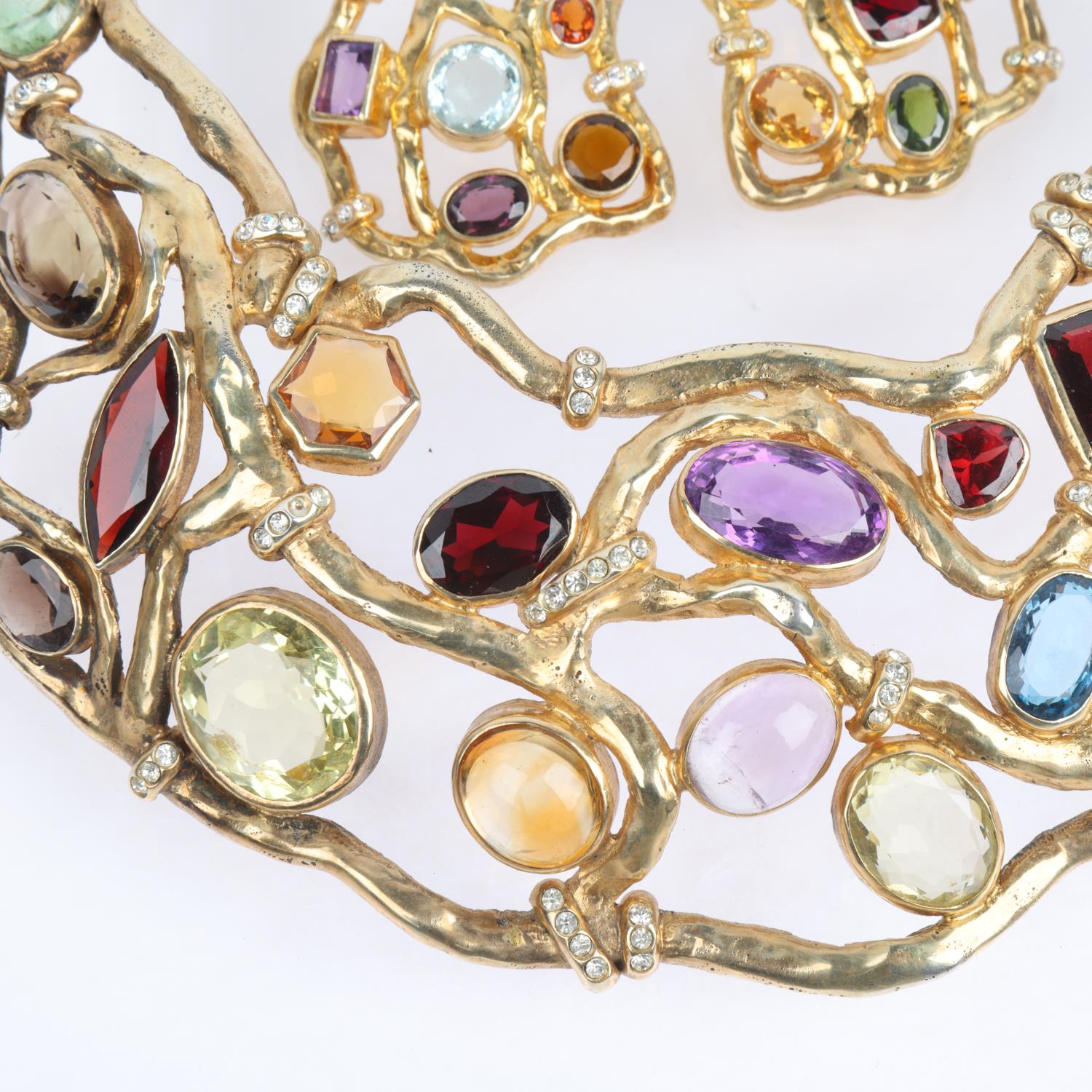 A heavy quality solid silver-gilt gem set collar bib necklace and earring set, by Peter Farrow, - Image 2 of 4