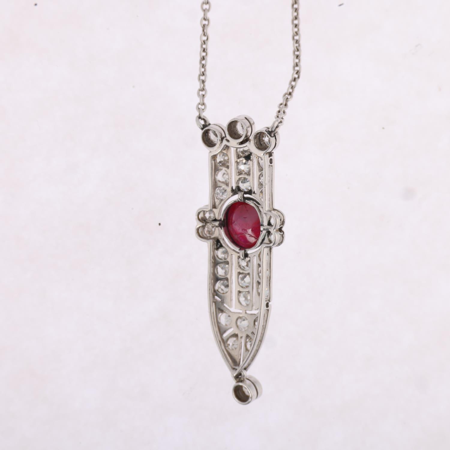An Art Deco star ruby and diamond openwork geometric pendant necklace, circa 1925, centrally set - Image 3 of 4