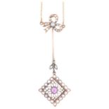 A fine Edwardian ruby and diamond openwork drop pendant necklace, the square flowerhead pierced drop