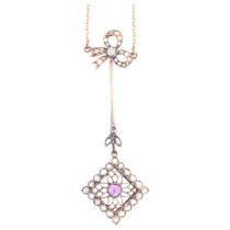 A fine Edwardian ruby and diamond openwork drop pendant necklace, the square flowerhead pierced drop