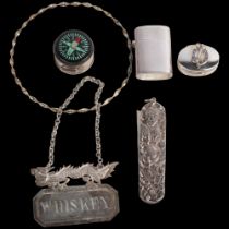 Various silver, including Chinese export Whiskey decanter label, etc Lot sold as seen unless
