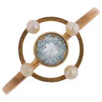 An Edwardian blue topaz and pearl openwork ring, apparently unmarked, setting height 11.2mm, size K,
