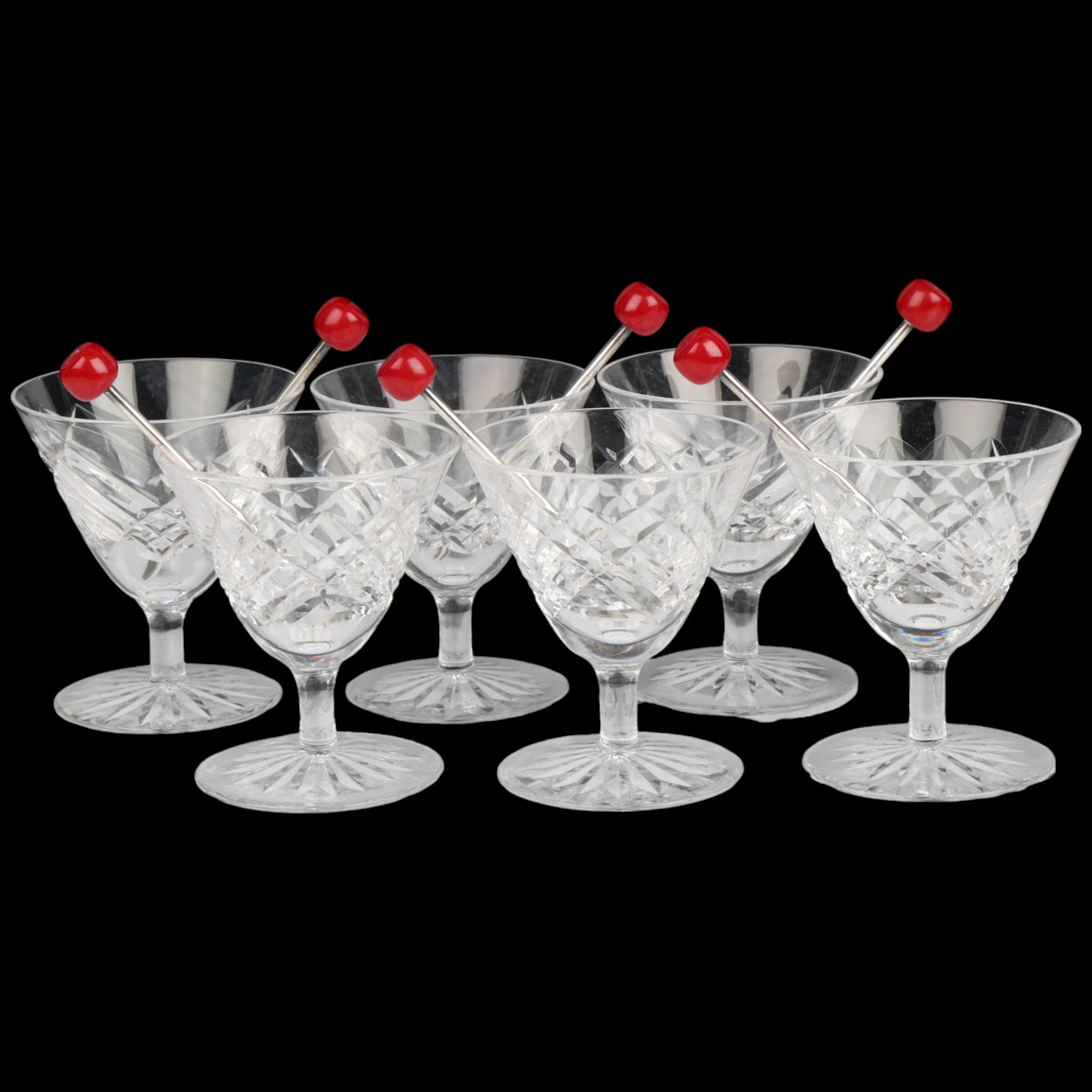 A mid-20th century liqueur and cocktail stick set for 6 people, comprising 6 glasses and 6 silver