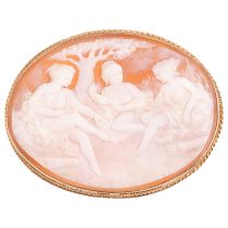 A late 20th century 9ct gold 'Bathing Ladies' shell cameo brooch, maker RBS, Birmingham 1975, 52.