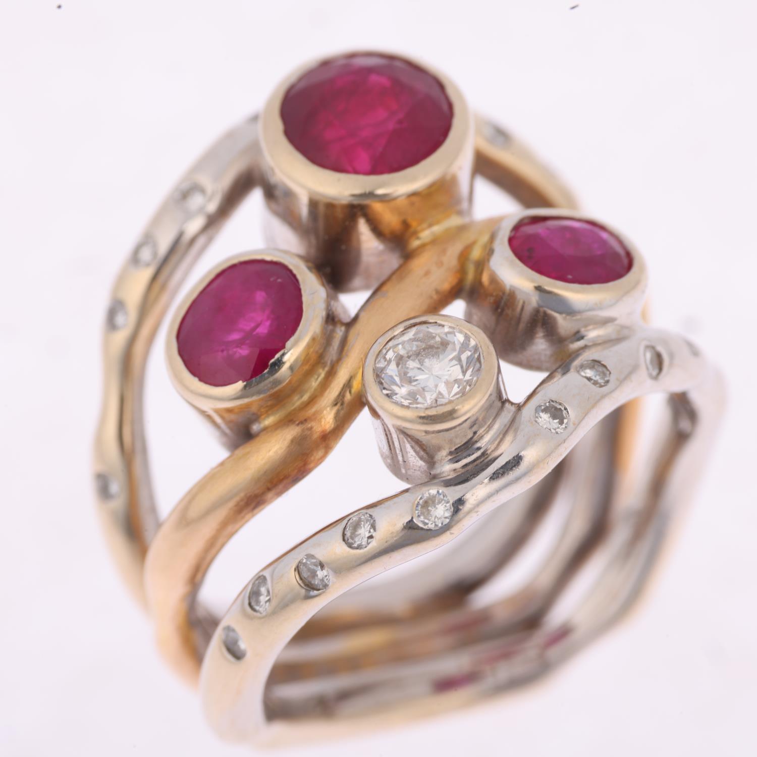 A large 18ct two-colour gold ruby and diamond openwork ring, maker H&T Ltd, setting height 20.5mm, - Image 2 of 4