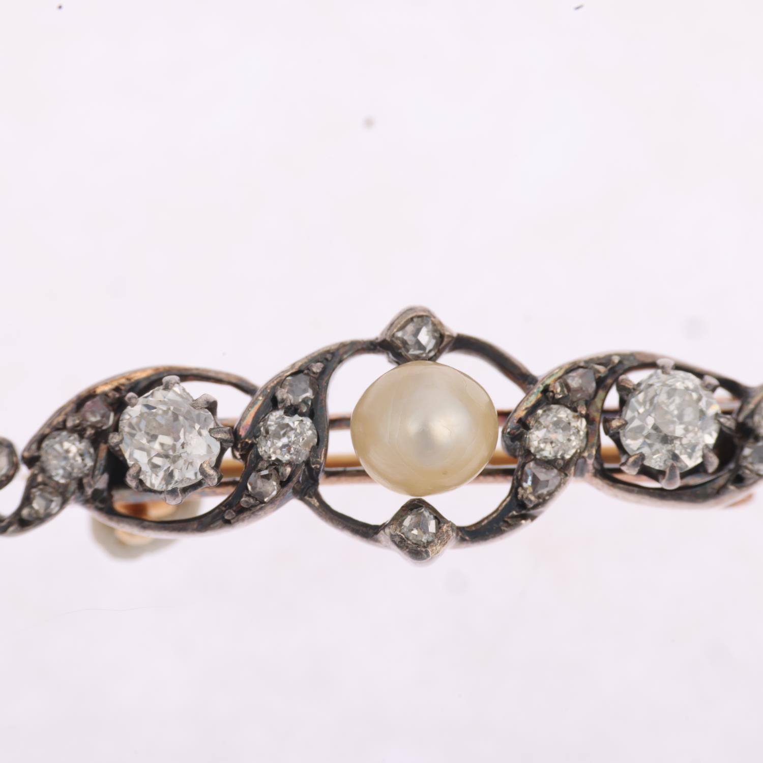 An Art Nouveau pearl and diamond openwork bar brooch, circa 1900, centrally set with 6mm pearl - Image 2 of 4
