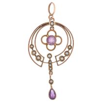 An Edwardian 9ct rose gold amethyst and pearl openwork pendant, 52.9mm, 2.9g No damage or repair,