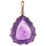 A late 20th century French 9ct gold amethyst drop pendant, claw set with 24ct pear-cut amethyst,