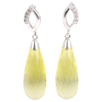 A pair of 9ct white gold lemon quartz and diamond drop earrings, set with briolette-cut quartz and