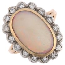 A late 20th century opal and diamond oval cluster ring, centrally set with 2.4ct oval cabochon white
