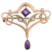 An Edwardian 9ct rose gold amethyst and pearl openwork brooch, 32.7mm, 2.6g No damage, all stones