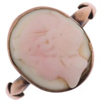A Vintage 9ct rose gold pink coral cameo ring, relief carved depicting female profile, setting