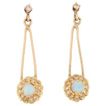 A pair of opal and diamond flowerhead cluster drop earrings, with stud fittings, apparently