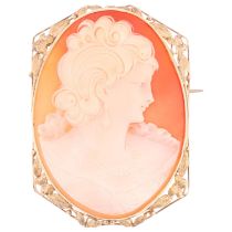 A large shell cameo brooch, relief carved depicting female profile, in unmarked 9ct gold frame, 59.