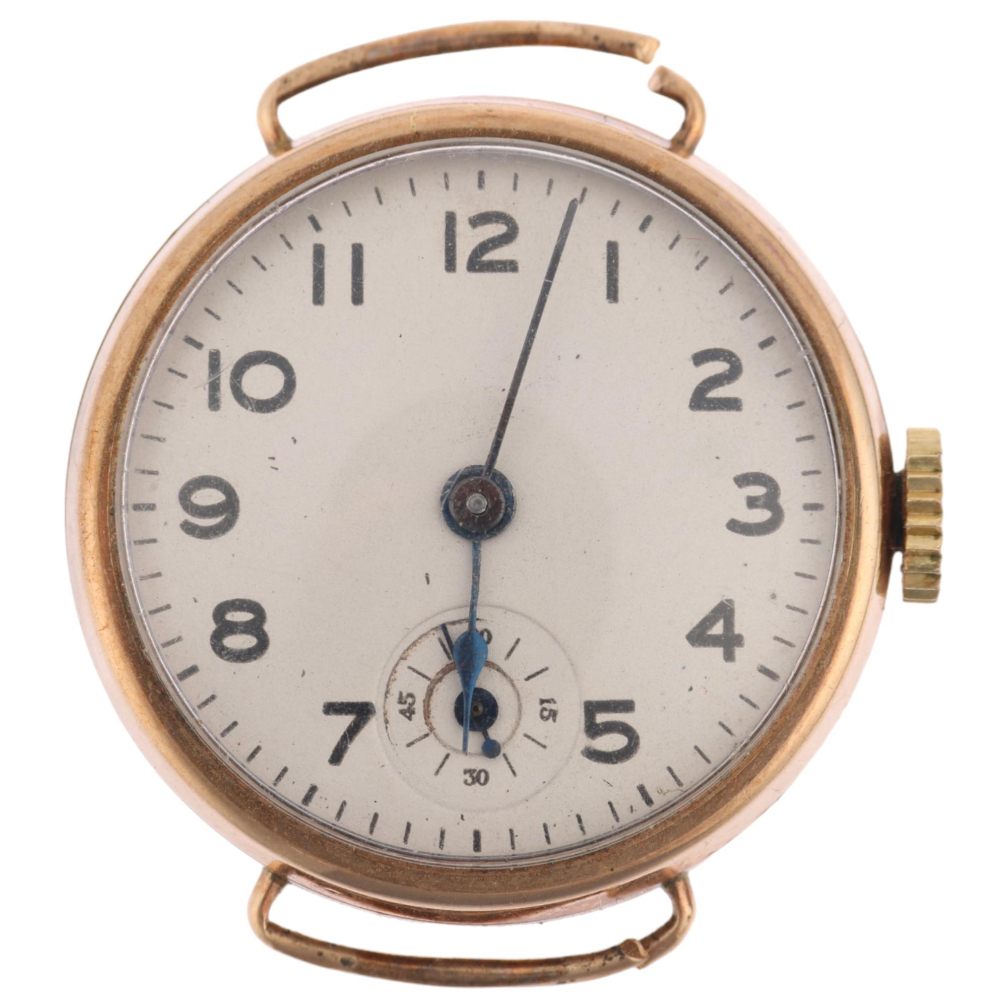 OMEGA - an early 20th century 9ct gold Officer's style mechanical wristwatch head, silvered dial