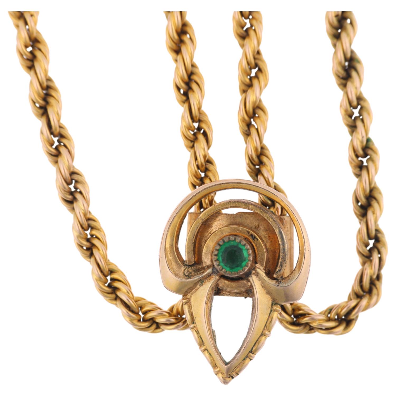 An Antique 15ct gold rope twist long guard chain necklace, with gilt-metal slider fob, 140cm, 21.