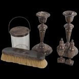 **WITHDRAWN** - Various silver, including pair of candlesticks, honey jar, clothes brush, etc