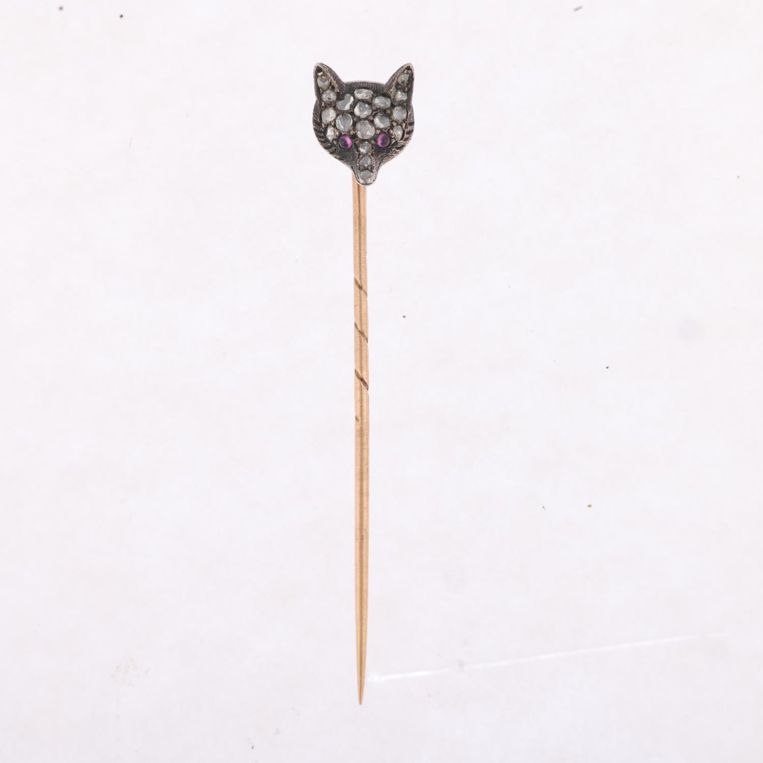 An Antique ruby and diamond fox-head stickpin, circa 1900, pave set with round cabochon ruby eyes - Image 2 of 4