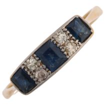 An Art Deco 18ct gold seven stone sapphire and diamond panel ring, 4.8mm, size P, 2.4g No damage