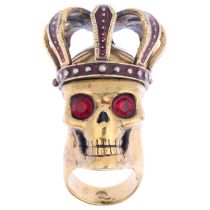 ALEXANDER MCQUEEN - a large gilt-metal and enamel skull ring, setting height 44.7mm, size L/M, 69g
