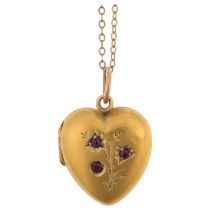 A Victorian 15ct gold ruby heart photo locket pendant necklace, on 9ct fine cable link chain,