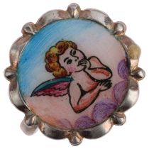 A Vintage enamel cherub ring, unmarked silver settings, setting height 17.7mm, size K, 4.7g Enamel